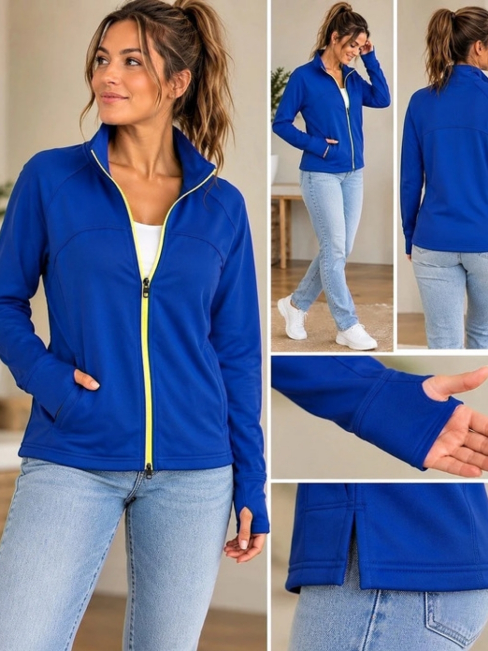 Xersion 2X Blue Athletic Track Jacket Neon Zip Thumbholes Athleisure